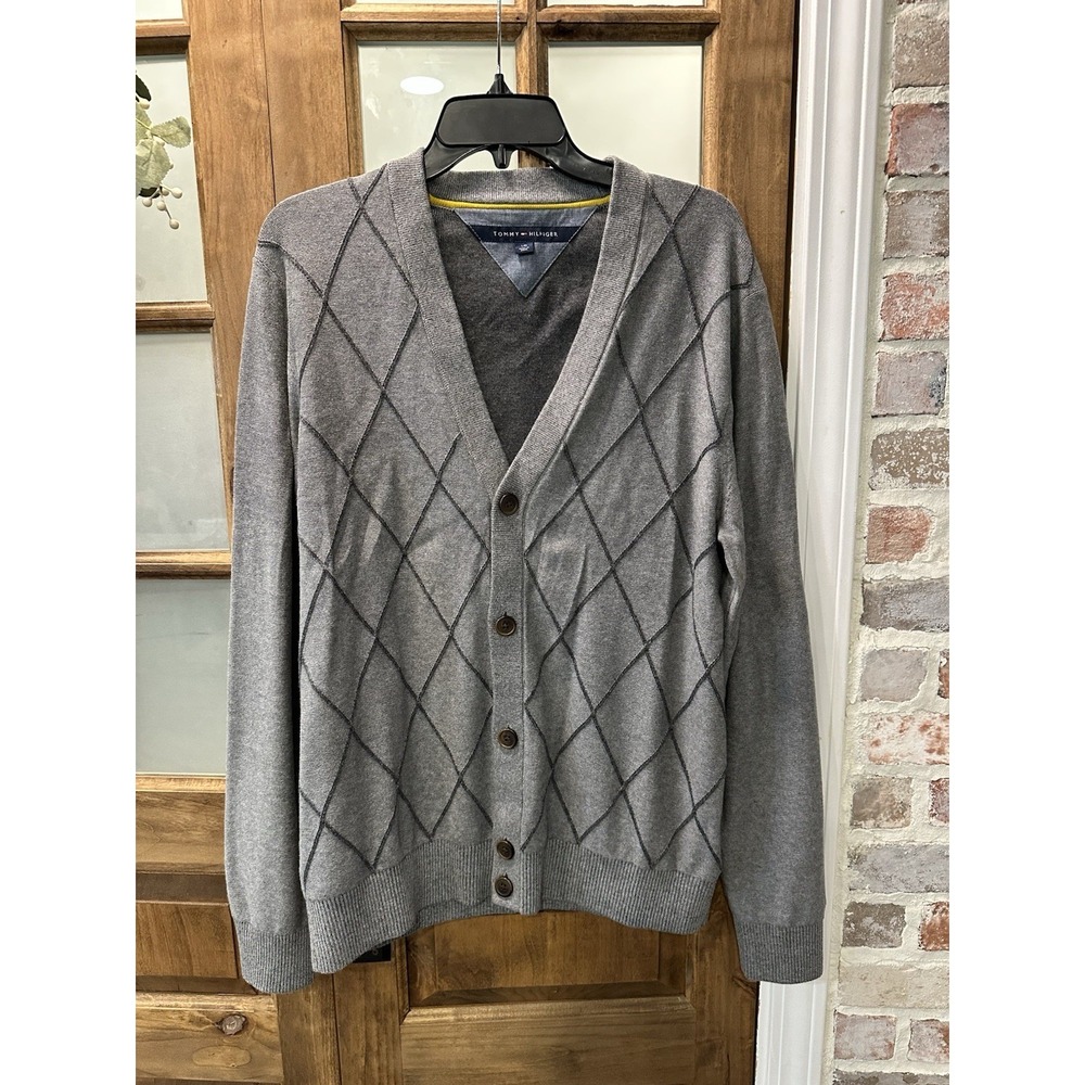 Tommy Hilfiger Cardigan‎ Sweater Men L Gray V-Neck Button Cotton Argyle Preppy